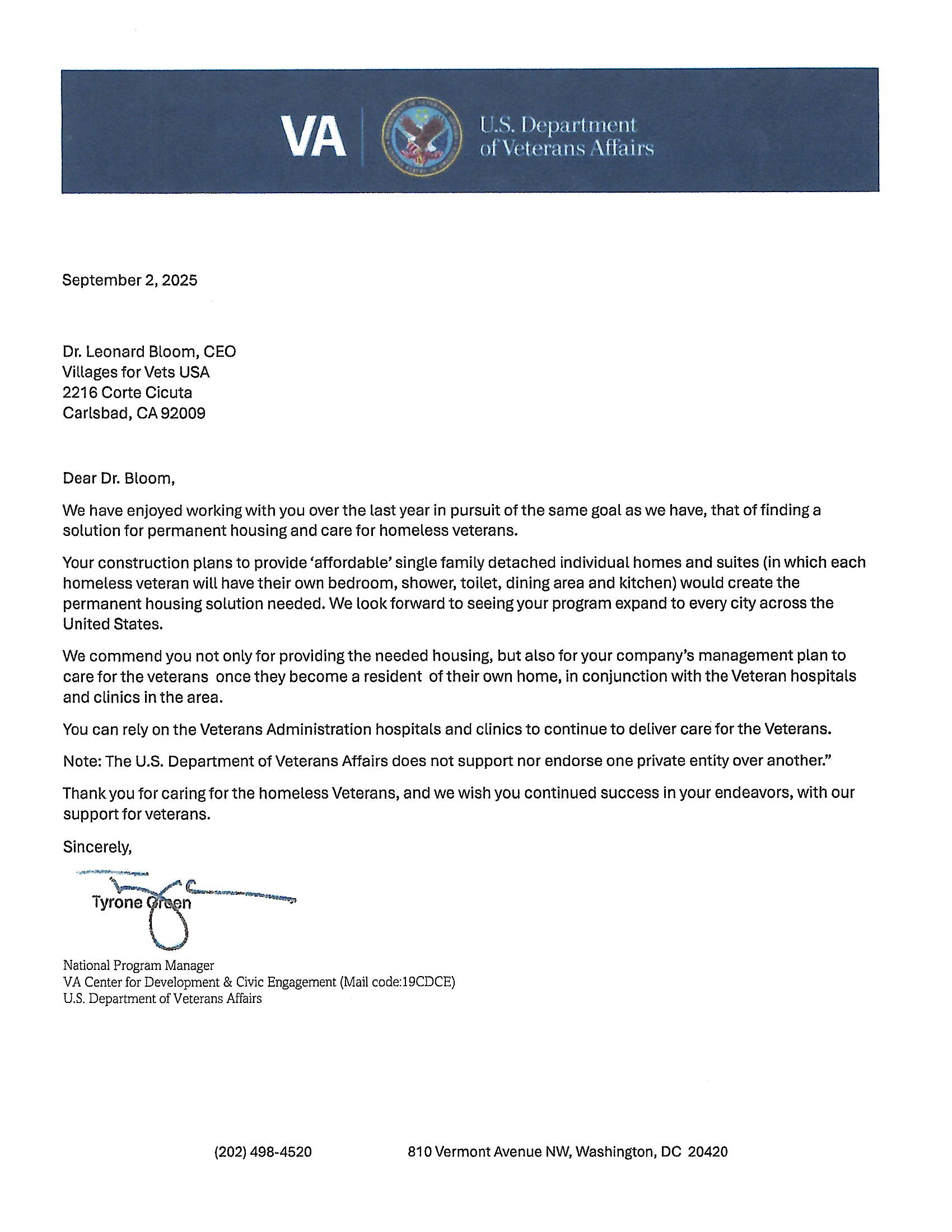 Letter to Villages for Vets from the Veterans Administration
